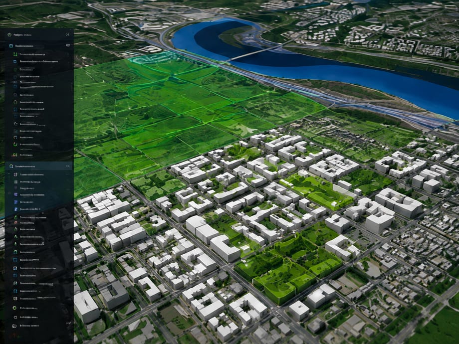 Luftbild einer Stadt mit GIS-Auswertung und farbig markierten Flächen